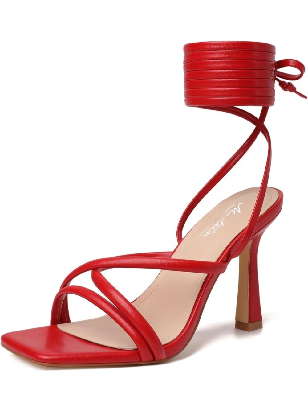 Women's Red Strappy Heels Lace Up Square Open Toe Heels Tie Up High Heels